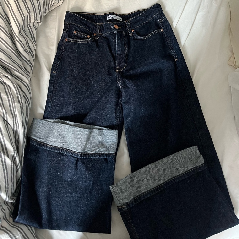 Zara Mid-Rise Dark Wash Wide Leg Jean
